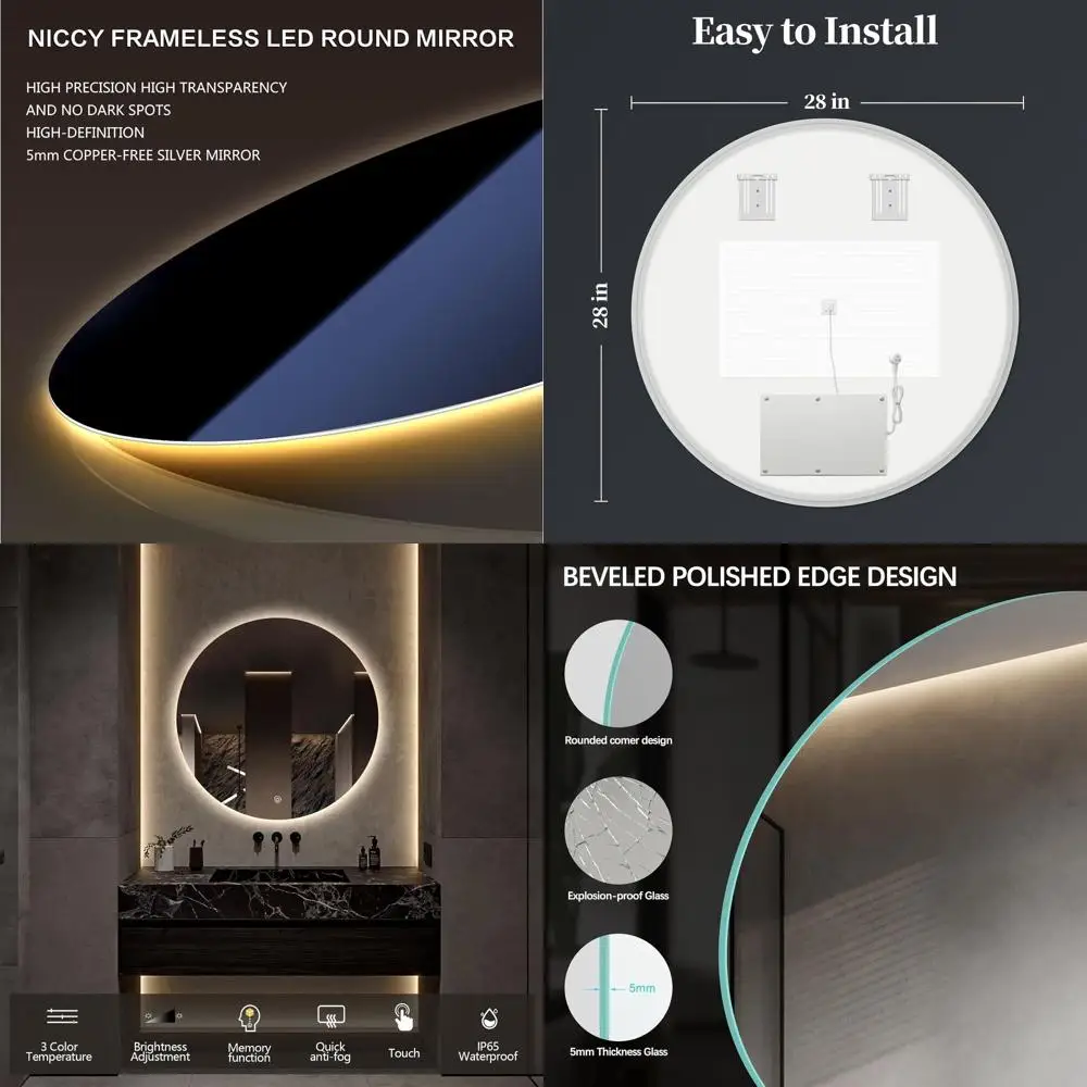 

LED Backlit Makeup and Bathroom Mirror, 28 Diameter, 3-Color Light Options, Touch Control, Shatterproof