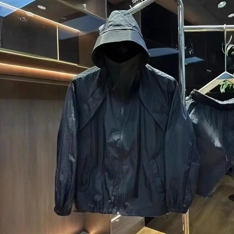 Summer New Casual Breathable Mesh Hooded Long Sleeve Men's Trendy Brand Thin Outdoor UV Protection Set Polyester Fabric Jacke...
