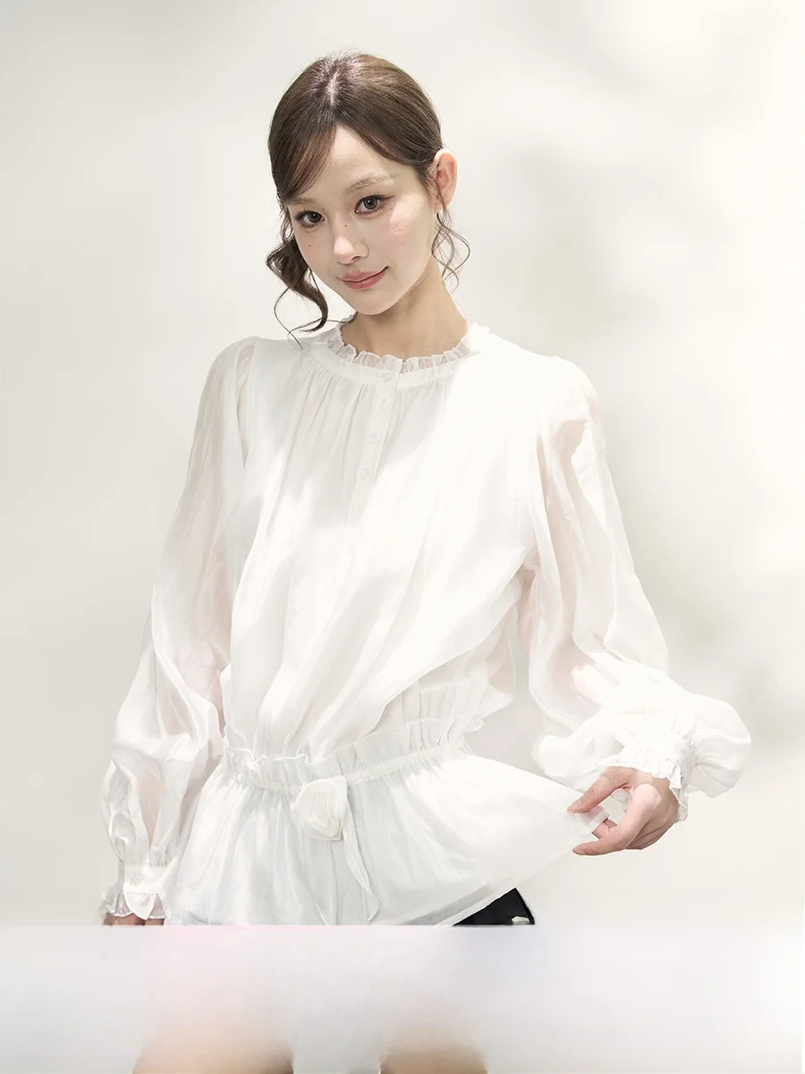 

AXIA Pure Desire Wood Ear Women's irt Waist Inward Long Sve Bubble Sve Top French Sle Ry Fabric Autumn Faion