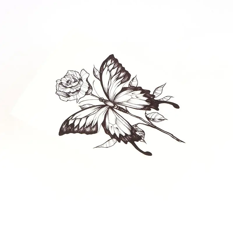 

1 Sheet Waterproof Butterfly & Rose Temporary Tattoo Stickers - Realistic Black & White Body Art, 15-Day Long-Lasting