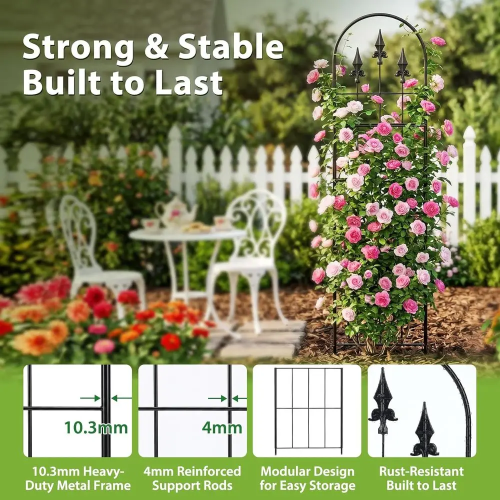 Arched Metal Garden Trellis, Rust-Resistant, for Outdoor and Indoor Climbing Plants, 57.8 High x 13 Wide, Black