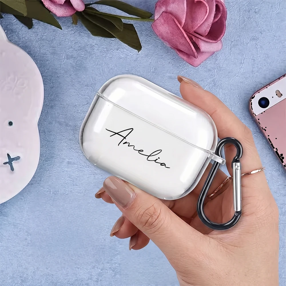 Personalized Custom Name AirPods Case Transparent Protective Cover With Carabiner Clip Compatible with AirPods 1/2/3/4/Pro/Pro2