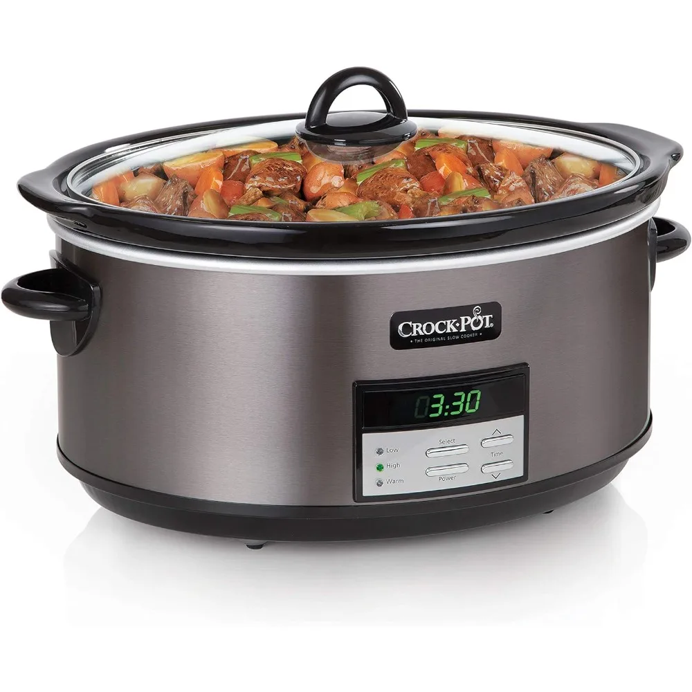 Fogão lento programável com ajuste automático quente, grande 8-Quart, aço inoxidável preto, inclui Cookbook