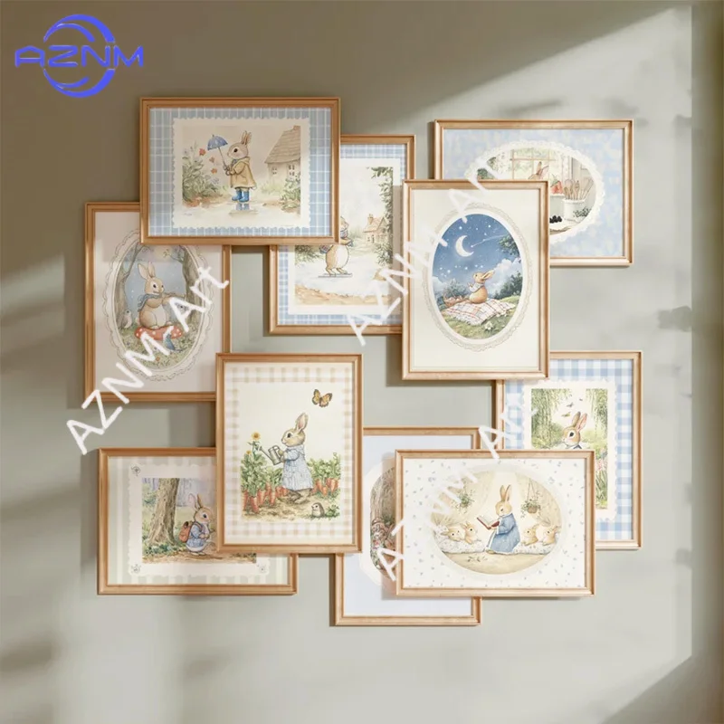 Vintage Boho Blue Plaid Rabbit Inspired Art Poster Baby Room Bedroom Nursery Field Animal Decorative Canvas Painting Wall Art