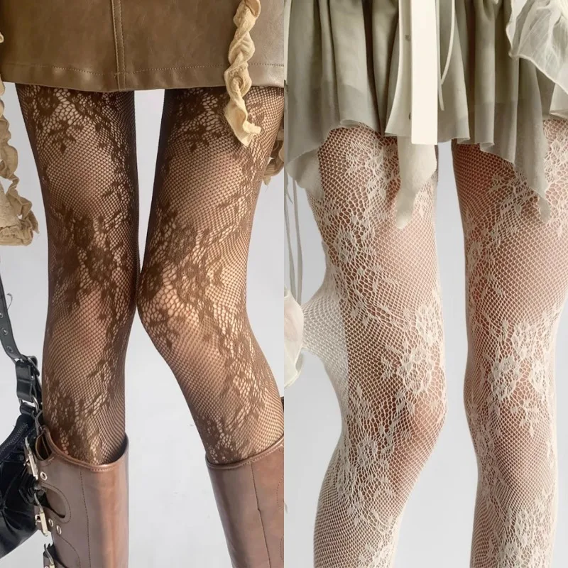 

Готические колготки с цветочным принтом для женщин, сексуальные кружевные чулки до бедра с цветочным принтом, колготки, нижнее белье, чулочно-носочные изделия, сетчатые ажурные чулки, колготки