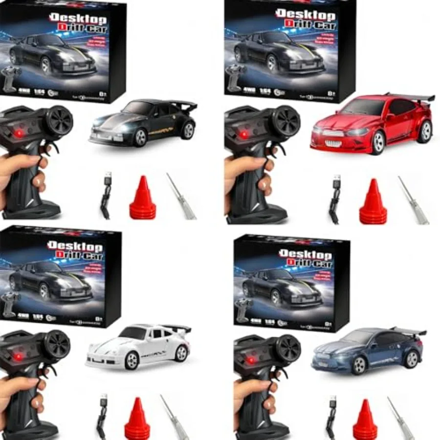 

4Pcs Mini RC Drift Car 1/64 Scale 2.4GHz Full Proportional RTR 4WD High Speed Remote Control Cars with Lights Red Blue Yellow B