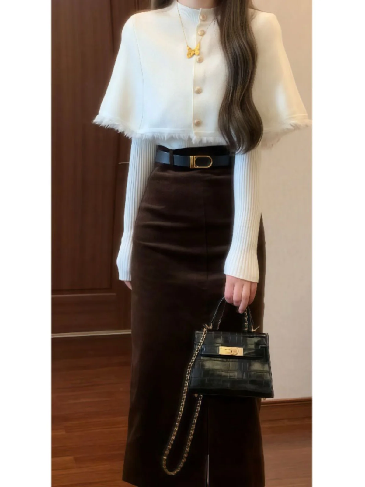 

Korean Style Fashionable Three-Piece Set with Cloak Shoulder Wrap Sweater Half Skirt Comfortable Mid-Waist Cotton Blend