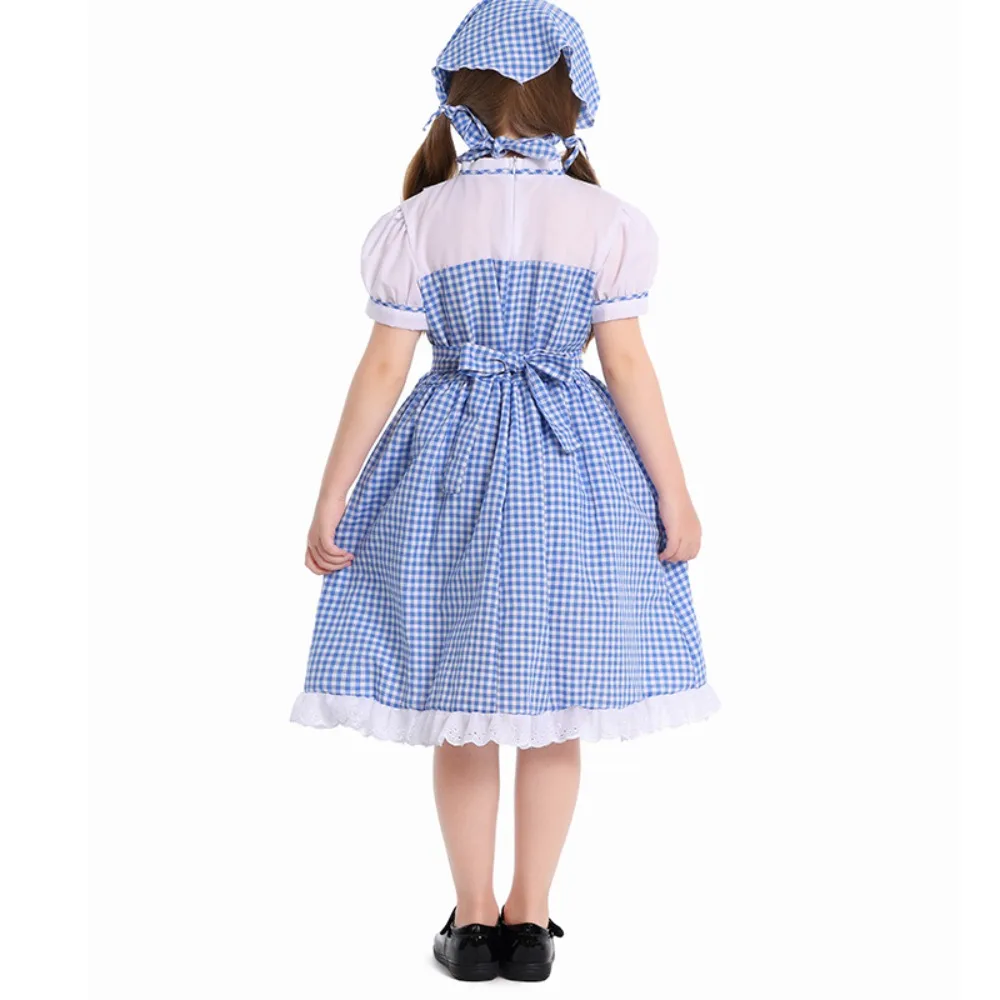 여아 할로윈 코스프레 의상 - 무대 연극용 헤어밴드가 있는 파란색 격자 무늬 머리 스카프 드레스