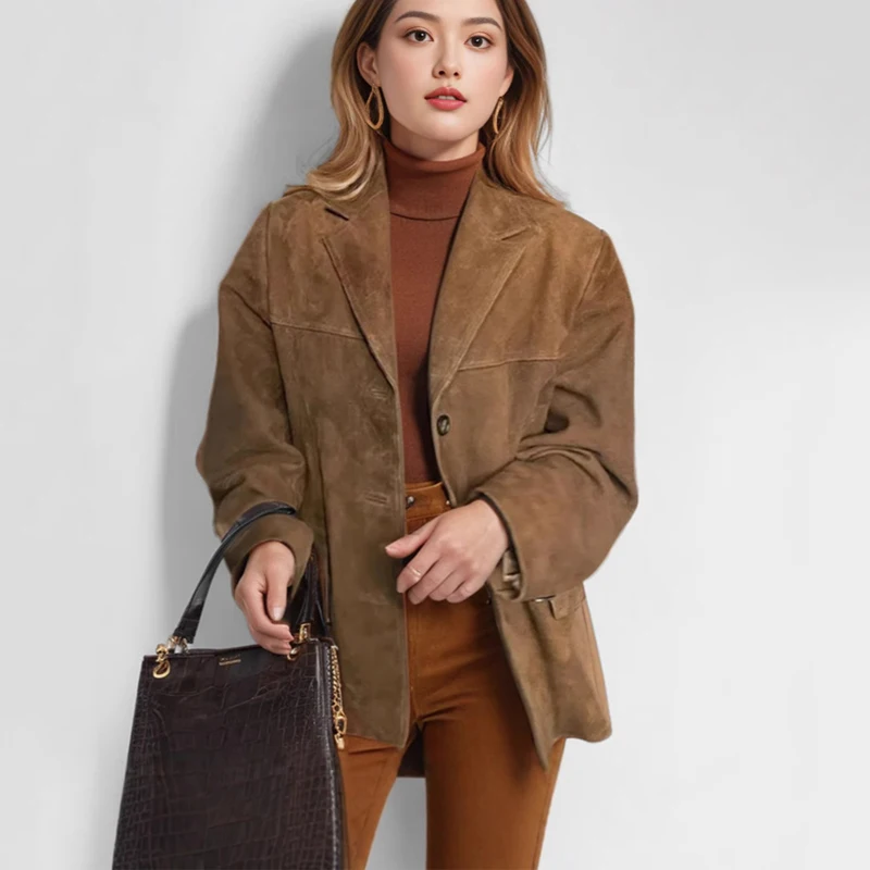 Vintage Suede Blazer แจ็คเก็ตฤดูใบไม้ร่วงฤดูหนาวผู้หญิงหลวม Single Breasted Coat กระเป๋าแฟชั่น Outwear Office Lady สั้น Coat