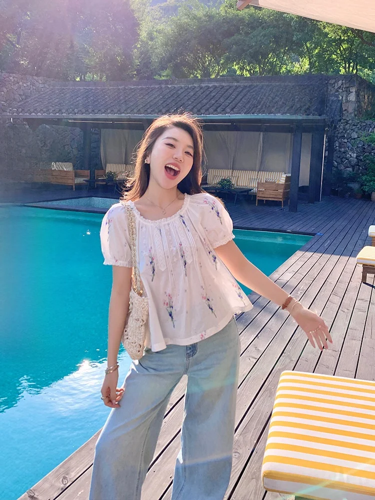 

Pure Cotton Floral Print Blouse Bubble ort Sve Square Collar Lace Women's Casual irt Summer Season Regular Fit