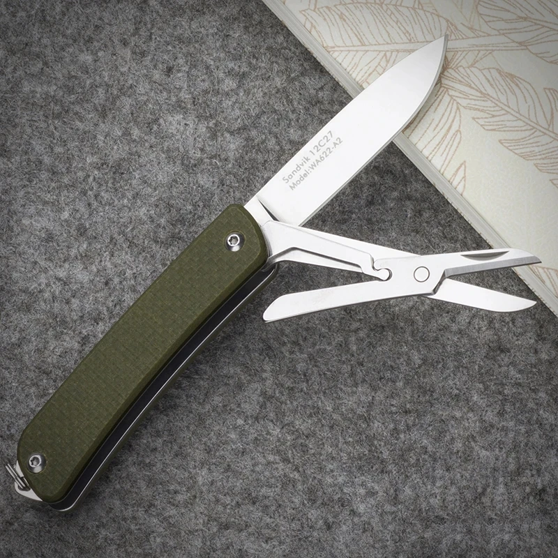 SRM  WA622 Mini EDC Pocket Folding Knife 12C27 Blade G10 Handle with Scissors Keyring NO LOCK