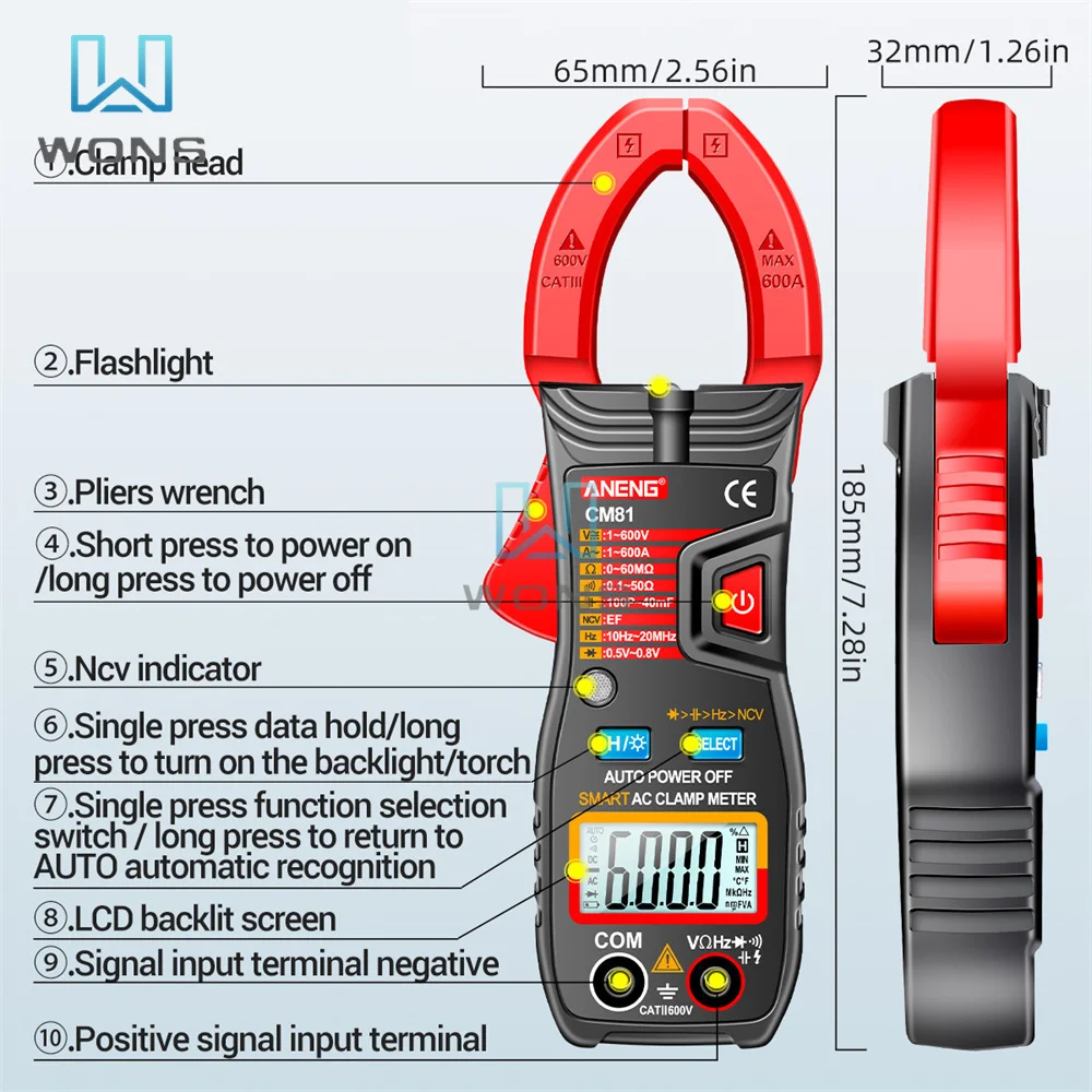 CM80/CM81 Digital Clamp Meter Ammeter Voltage Car Amp Hz Capacitance NCV Ohm Test multimeter Digital Profesional Tester