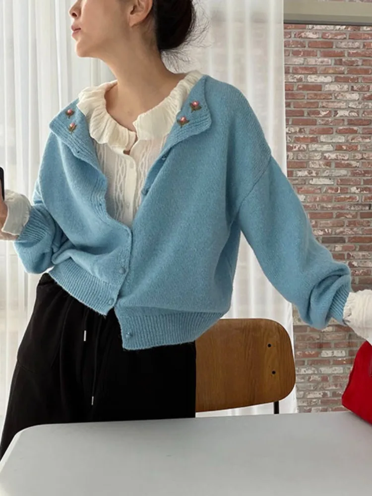 

Blue Knitted Open Cardigan Women's Autumn Winter New Sle Versatile Faion Single Button Simple Long Sve Sweater