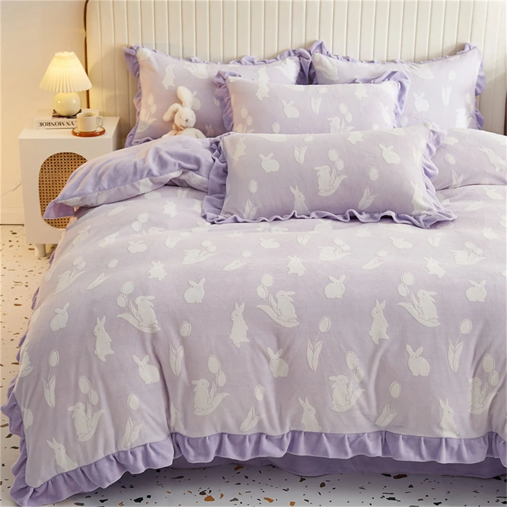 

Winter Warm Thickened Bedding Set Cute Milk Velvet Soft Duvet Cover Single Double Quilt Cover Bed Sheet Pillowcase Home Textiles