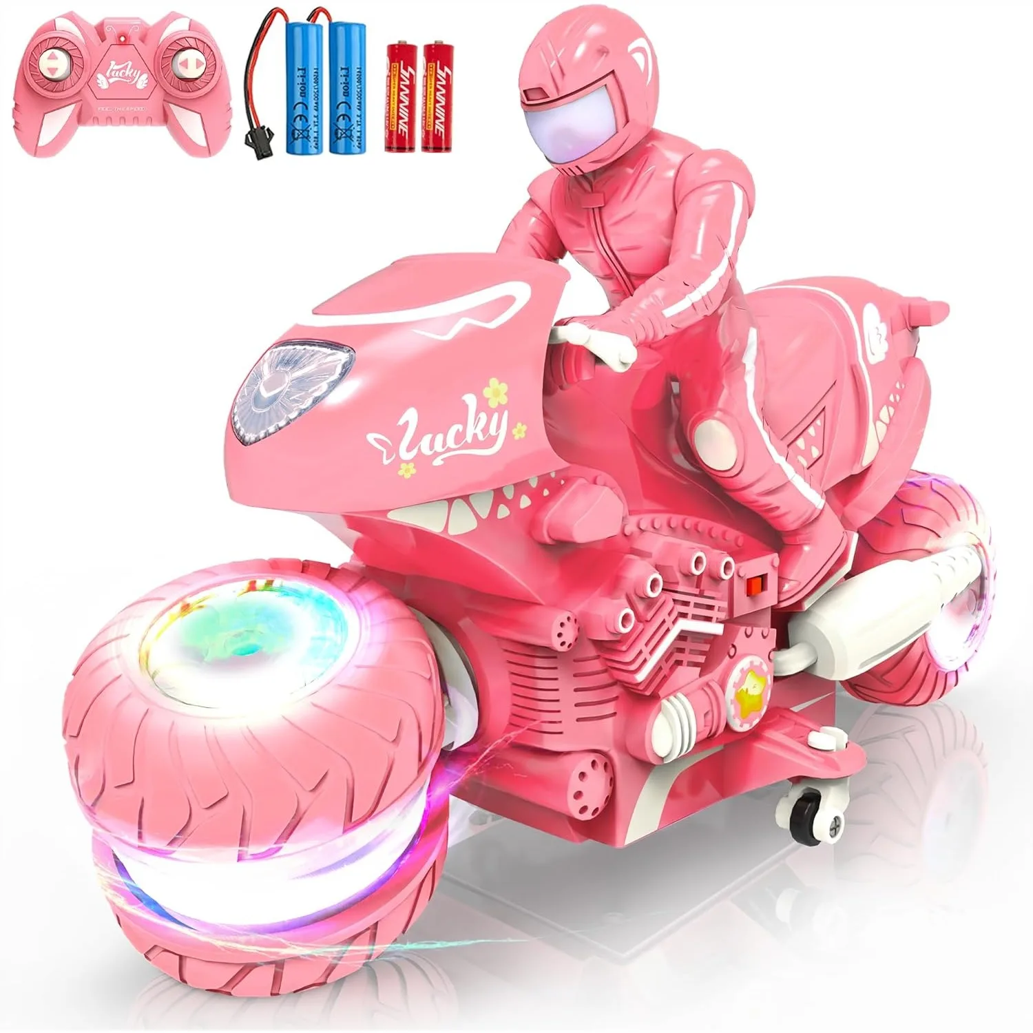 

Remote Control Motorcycle for Girls with RGB Wheels, RC Motorbike Toy, 360° Spin, 45-50 Min Play, Stunt Dirt Bike, 2.4Ghz for