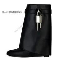 Metal Lock Buckle Women's Mid Calf Boots Punk Style Round Toe High Heel Western Boots Luxury Designer Wedges Women's Short Boots