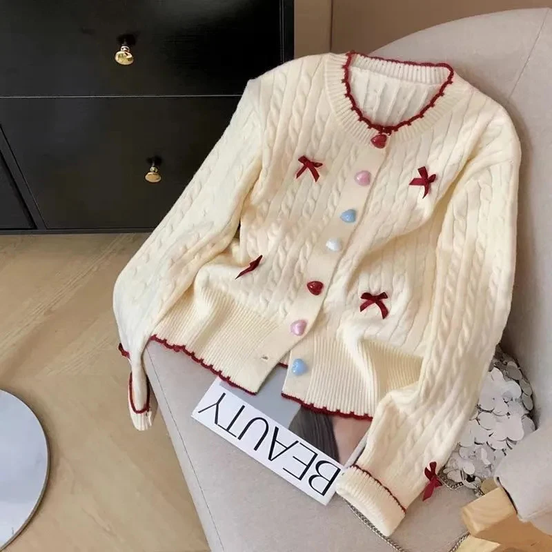 

Japanese Sweet Knit Cardigan Women Chic Button Bow Patchwork Soft Harajuku Sweater Long Sleeve O Neck Casual All Match Outwear