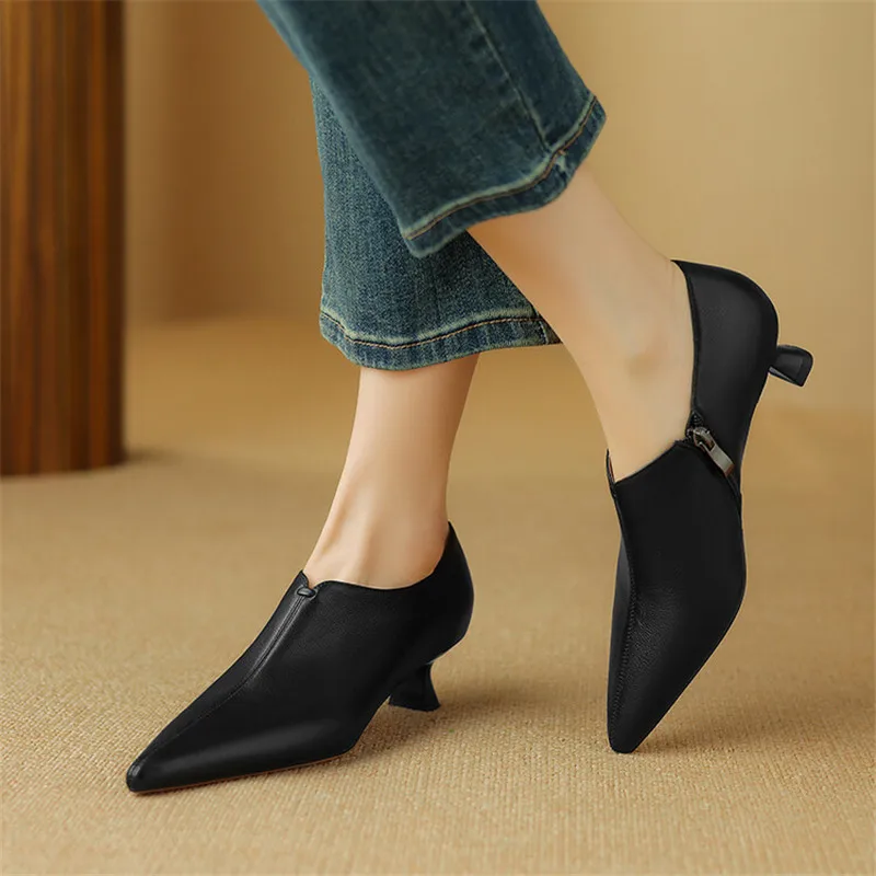 New Spring Genuine Leather Women Shoes French Retro Pointed Toe Women Pumps Side Zipper Loafers Shoes for Women Ladies Shoes