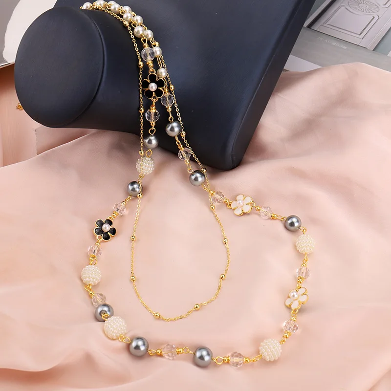 Women Men Fashion Classic Pearl Flower Long Sweater Necklace Elegant Lady Wedding Party High-end 5 Number Chains Jewelry