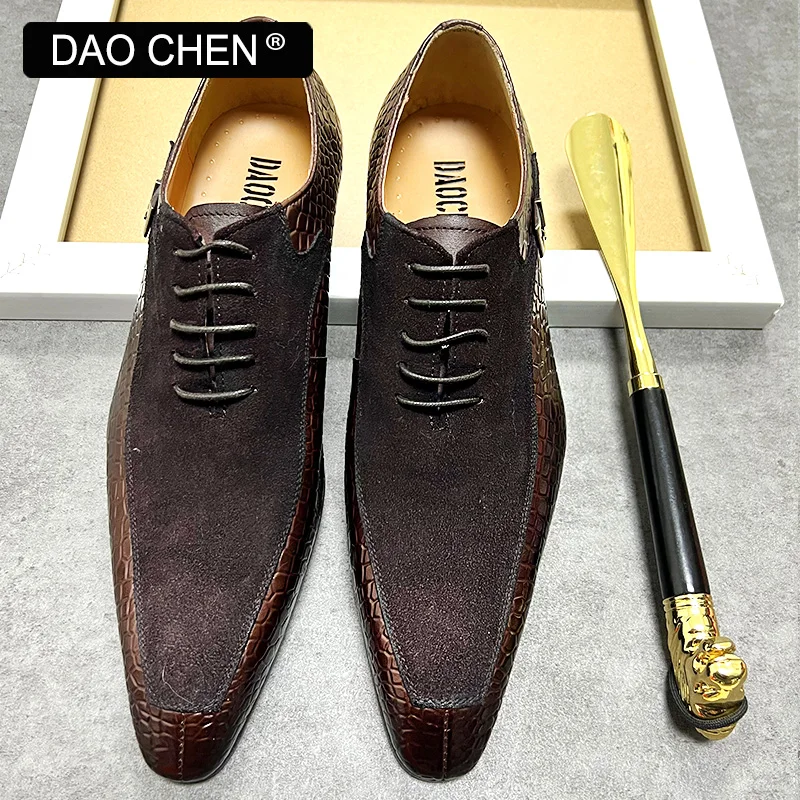 LUXURY MEN OXFORD SHOES LACE UP POINTED BLACK MACARON MEN DRESS SHOES SUEDE PATCHWORK CROCODILE PRINTS LEATHER SHOES MEN