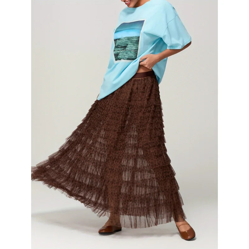 Women Tulle Tutu Long Skirt Layered Ruffles Sheer Mesh Elastic A-Line Skirt Beach Party Streetwear