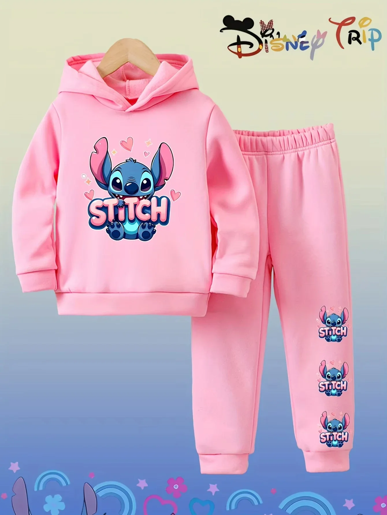 

Disney Stitch Cartoon Print Children's Hoodie and Pants Set Hooded Sweatshirt Suitable for Autumn and Winter Casual Wear