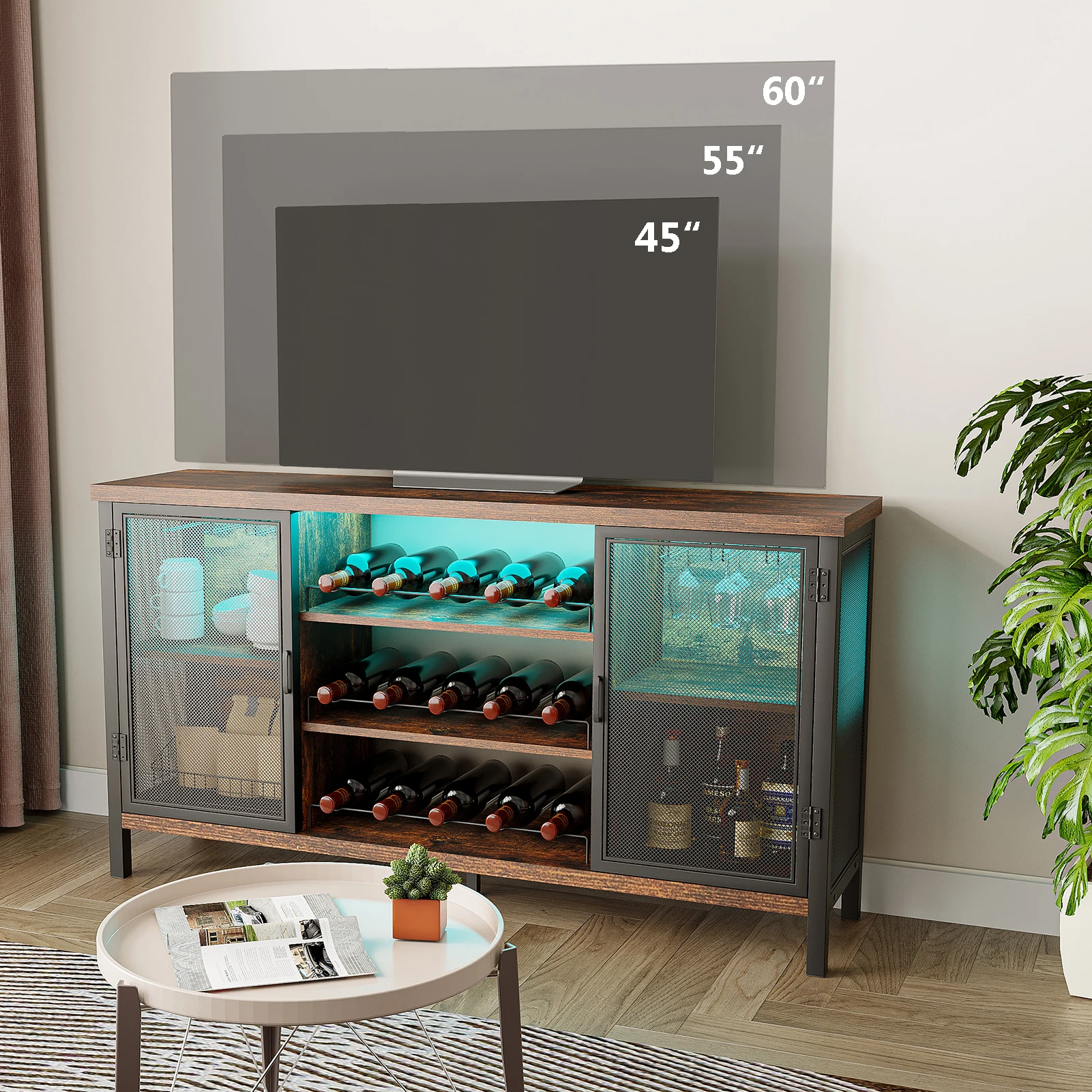 Armoire de bar à vin LED domestique, café de ferme avec 2 portes battantes, table de bar en bois et en acier réglable avec porte-bouteille