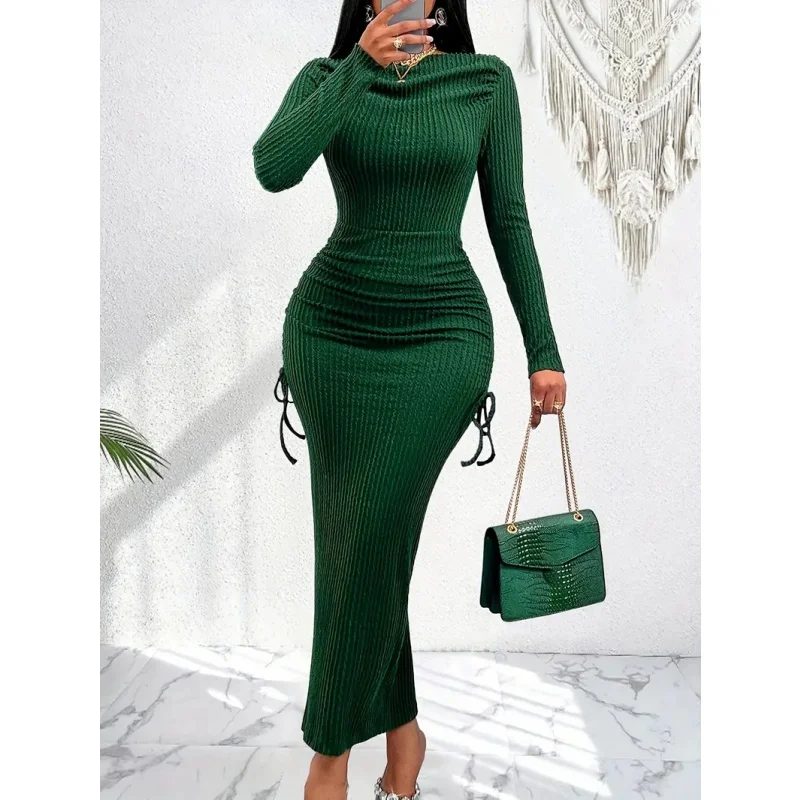 Damen-Midikleid mit schulterfreiem Schnitt, langen Ärmeln, figurbetontem Schnitt, strukturierter Strickoptik, geraffter Taille, seitlichem Kordelzug, schmaler Passform, für Partys und Abendveranstaltungen, Dropshipping – Detail 1
