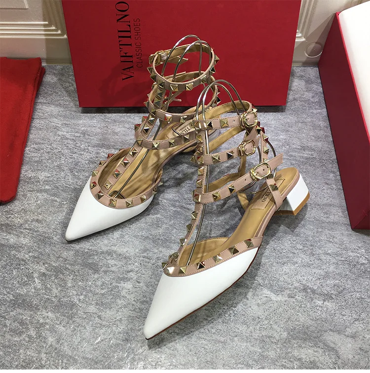 2024 New Summer Sandals Pointed Low Heeled Shoes Fashion Thick Heels Rivet Strap Color Matching Sandals For Women