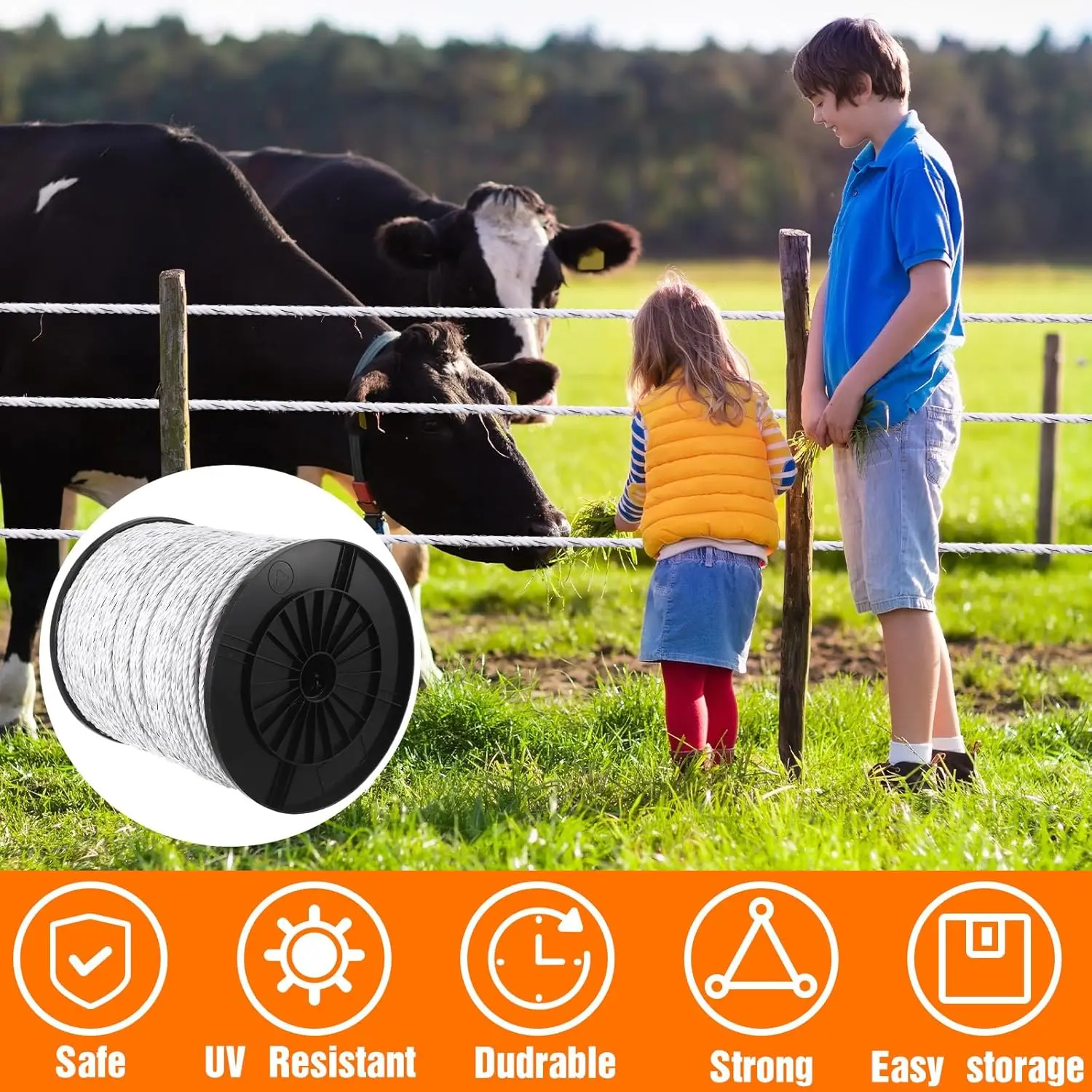 White Electric Fence Polywire, 1000 Feet(305m) Length, 0.3 Inch Wide, 6 Stainless Steel Strands, Portable for Livestock Garden