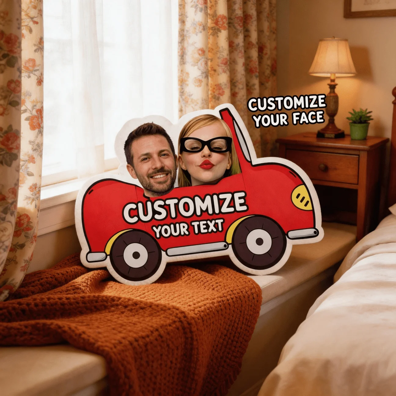 Custom Couple Photo Car Shaped Pillow, Personalized Face Red Vehicle Decorative Cushion, Unique Home Decor Accent for Sofa & Bed