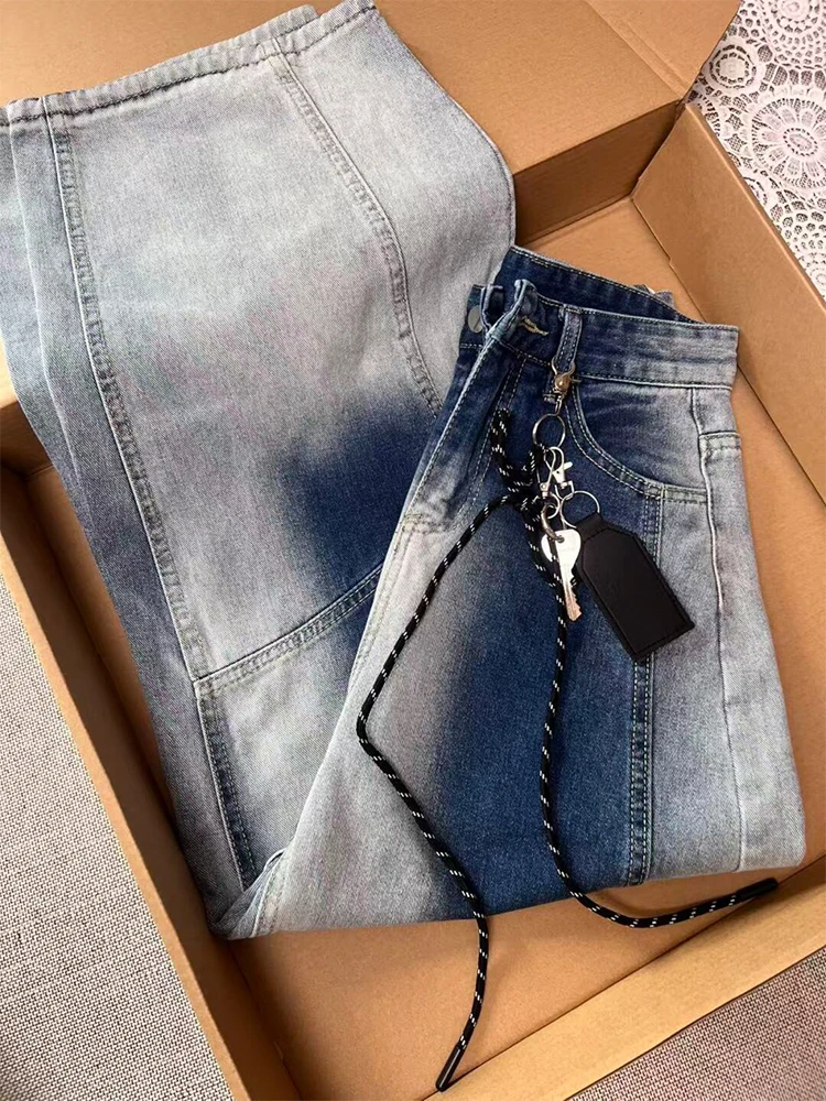กางเกงยีนส์สีตัดกันสไตล์อเมริกันสำหรับผู้หญิง เอวสูง ทรงหลวม ลุควินเทจ แฟชั่นสตรีท กางเกงขายาวทรงกว้าง