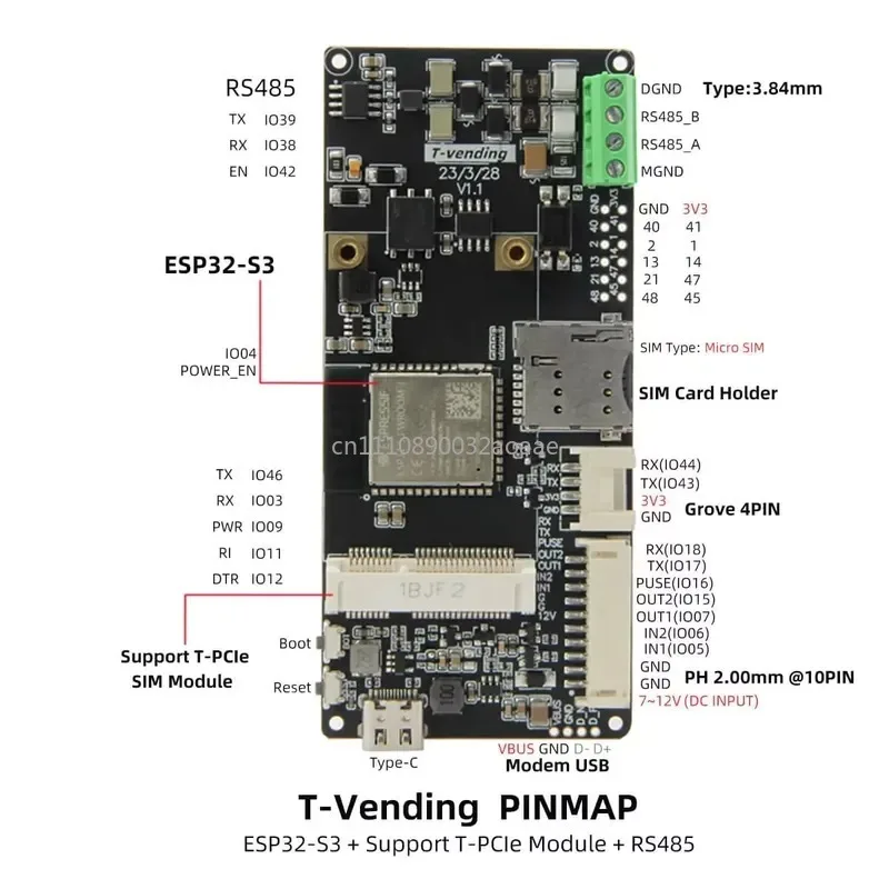 T-Vending On-board ESP32-S3-WROOM-1 Module with RS485 Serial Port Supports T-PCIE Expansion Adapter Board