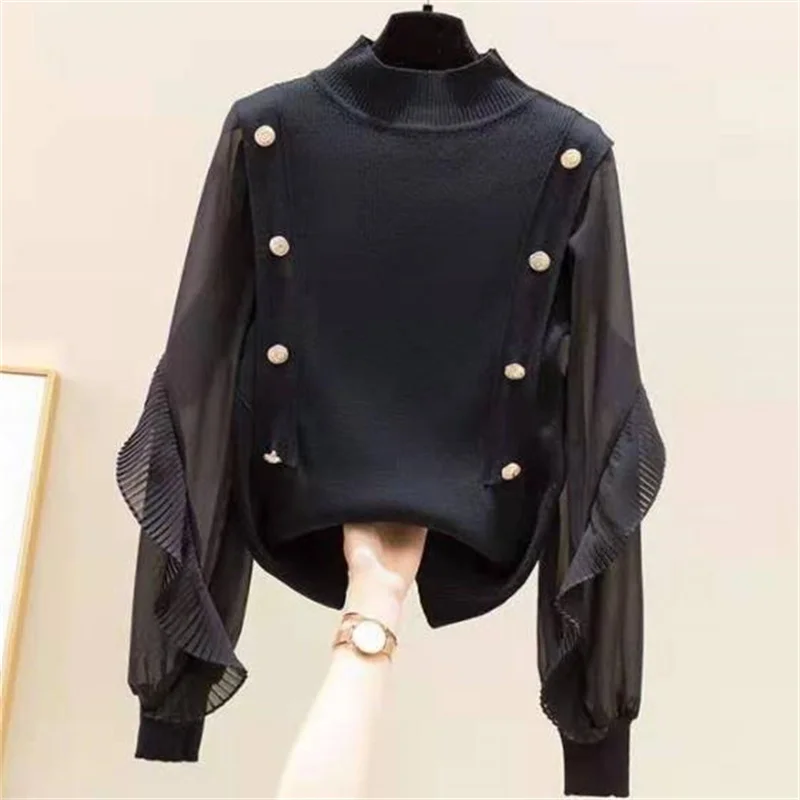 

2022 spring autumn new straight chiffon shirt stitching ruffled half high collar elastic bottoming knitted top