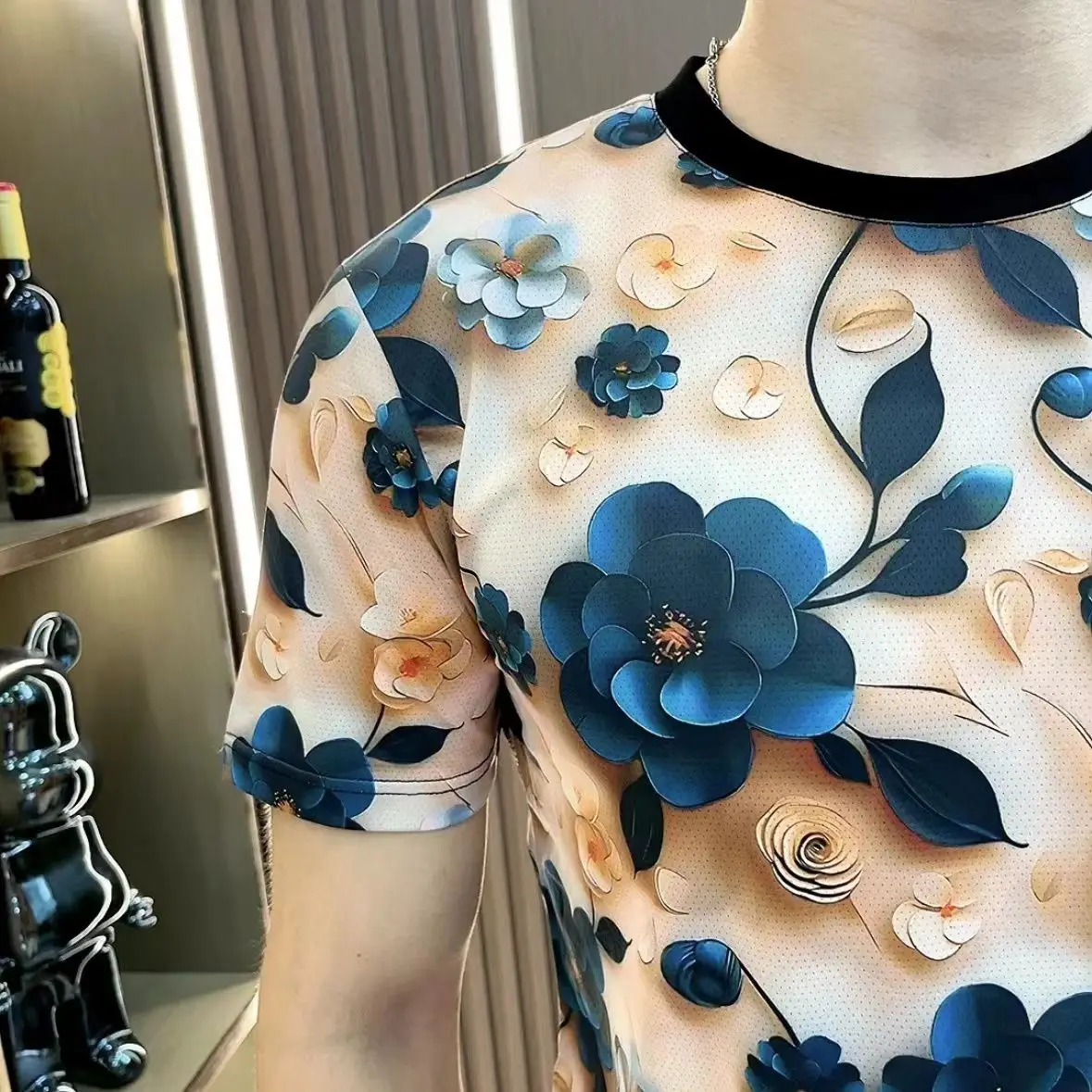 3D Flower T-shirts Men Summer Short Sleeve Casual Tshirts Slim Fit Elastic Breathable O-neck Streetwear Social Tee Tops M-5XL