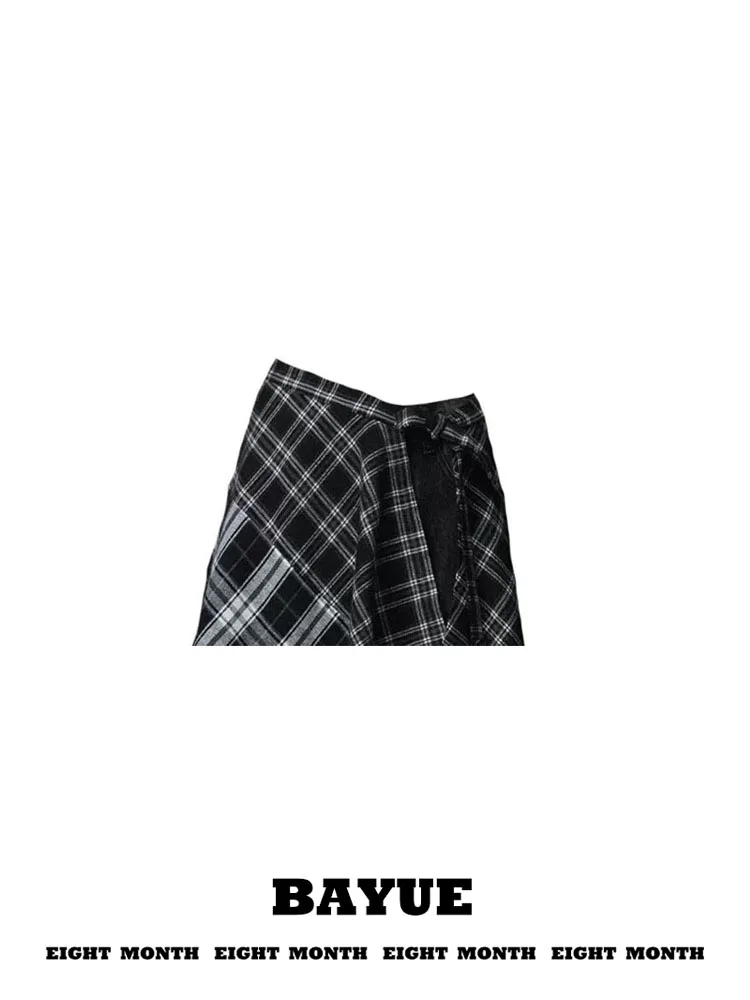 Black White Plaid Shirt Curtain Layered High Waist Uneven Hem Butt Covering Skirt Curtain  Belted Waist Cover Skirt
