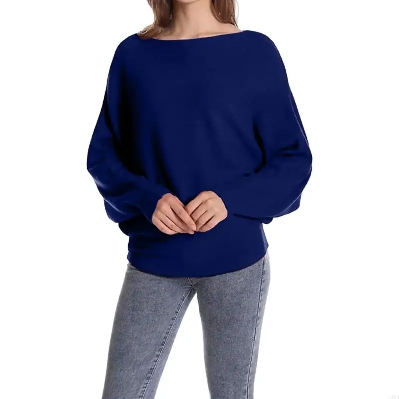 سترة نسائية فضفاضة برقبة على شكل جناح الخفاش وأكمام على شكل قارب، بلوفر كاجوال F3MD