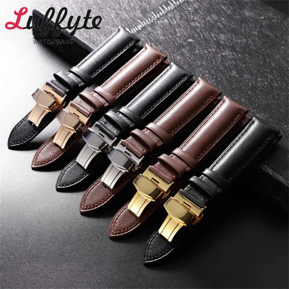 สายหนังนุ่มสายนาฬิกาผู้ชายผู้หญิงเปลี่ยนสายรัดข้อมือ 18 มม.20 มม.22 มม.สแตนเลสสตีลหัวเข็มขัดผีเสื้อ