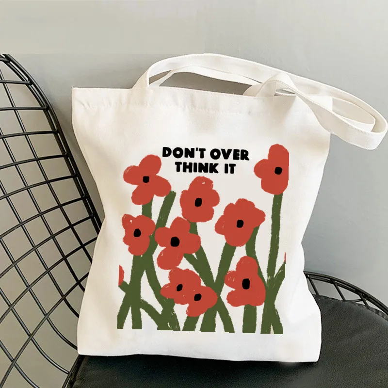 Non pensare che sia un motivo stampato a fiori borsa in tela di cotone spessa borsa per la spesa a tracolla singola con cerniera in stile popolare