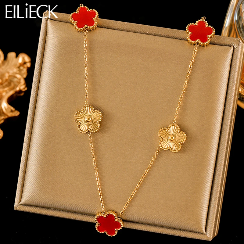 EILIECK 316L Stainless Steel Red Five Leaf Flower Pendant Necklace For Women Fashion Two-Sided Clover Neck Chain Jewelry Gift