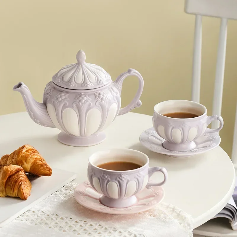 European-style Ceramic Coffee Pot Coffee Cup Saucer Upscale Porcelain Relief Teapot Teacup Retro Solid Color Tea Cups Kettle