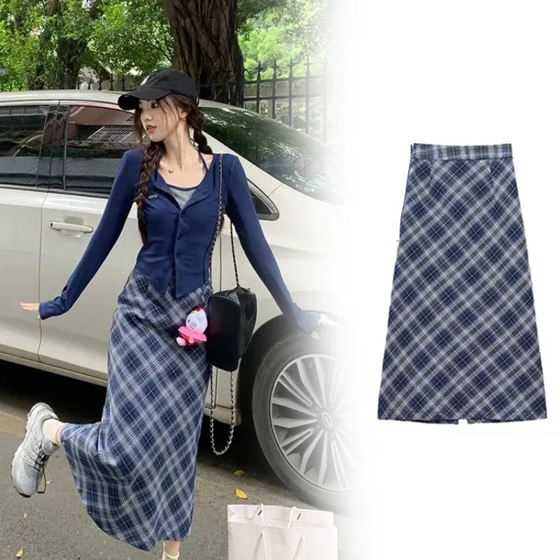 Blue Plaid Skirt for Women 2023 Fashion Y2k Clothes A-LINE Skirt Casual Regular Fit Natural Waistline Kawaii Style Long Skirt