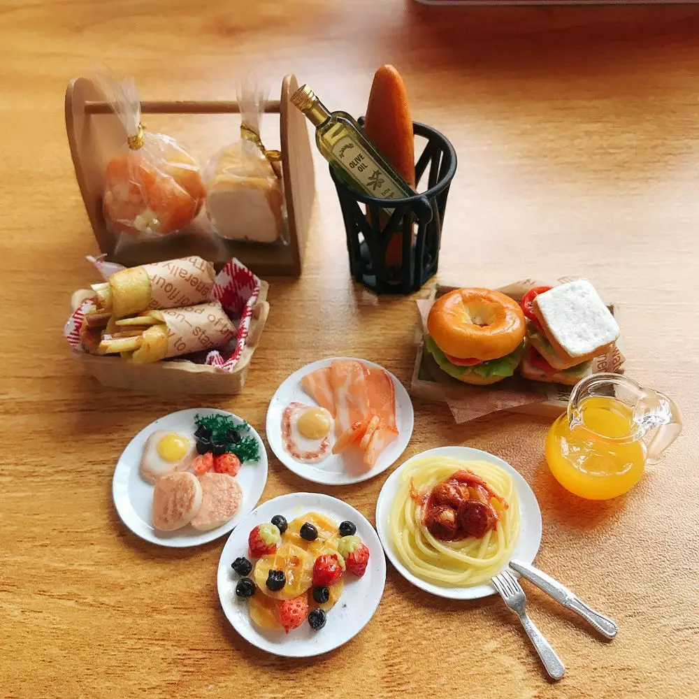 Cute 1/6 Scale Dollhouse Miniature Breakfast Mini Bread Waffle Bacon Bagel Clay Food for Doll Kitchen Toys Accessories