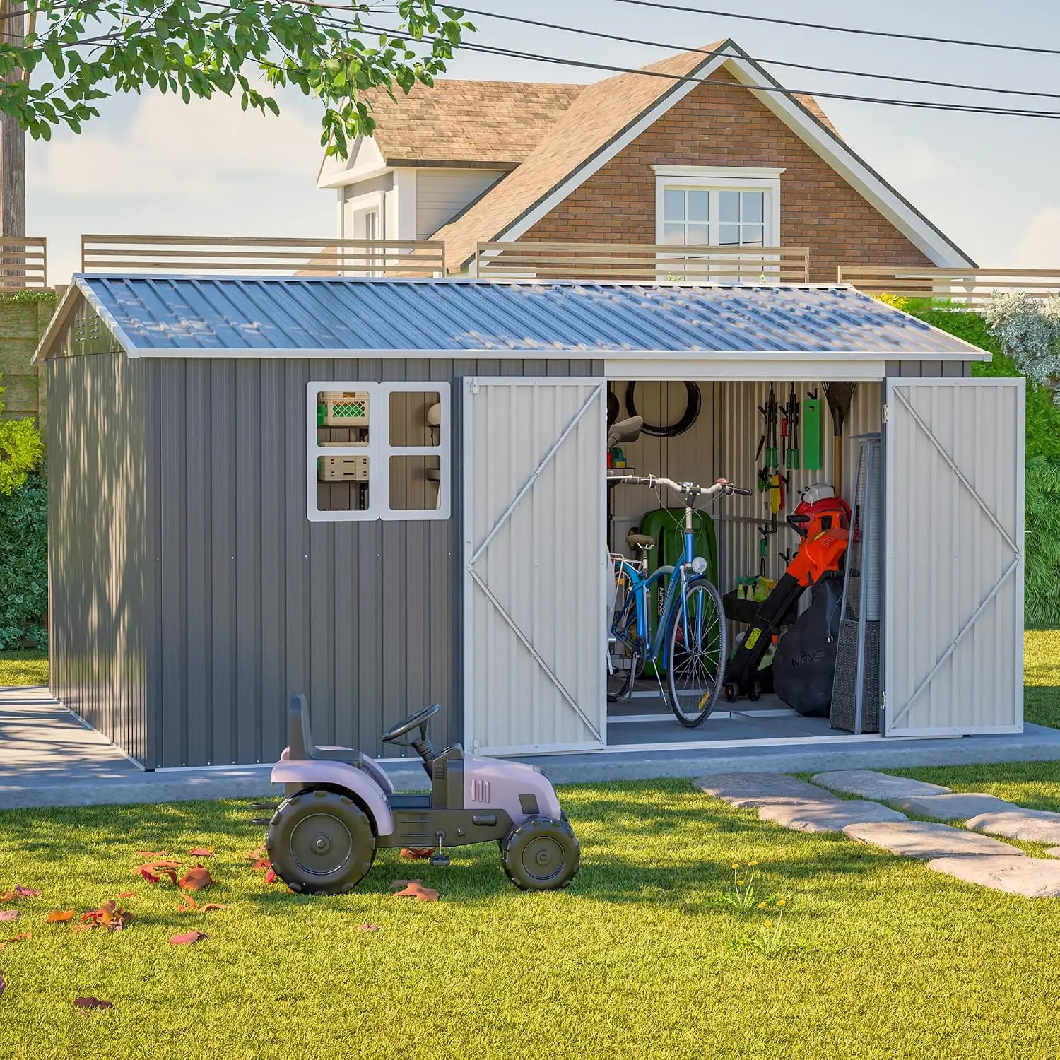 12x10 FT Metal Storage Shed Lockable Steel Outdoor Garden Yard, Customized