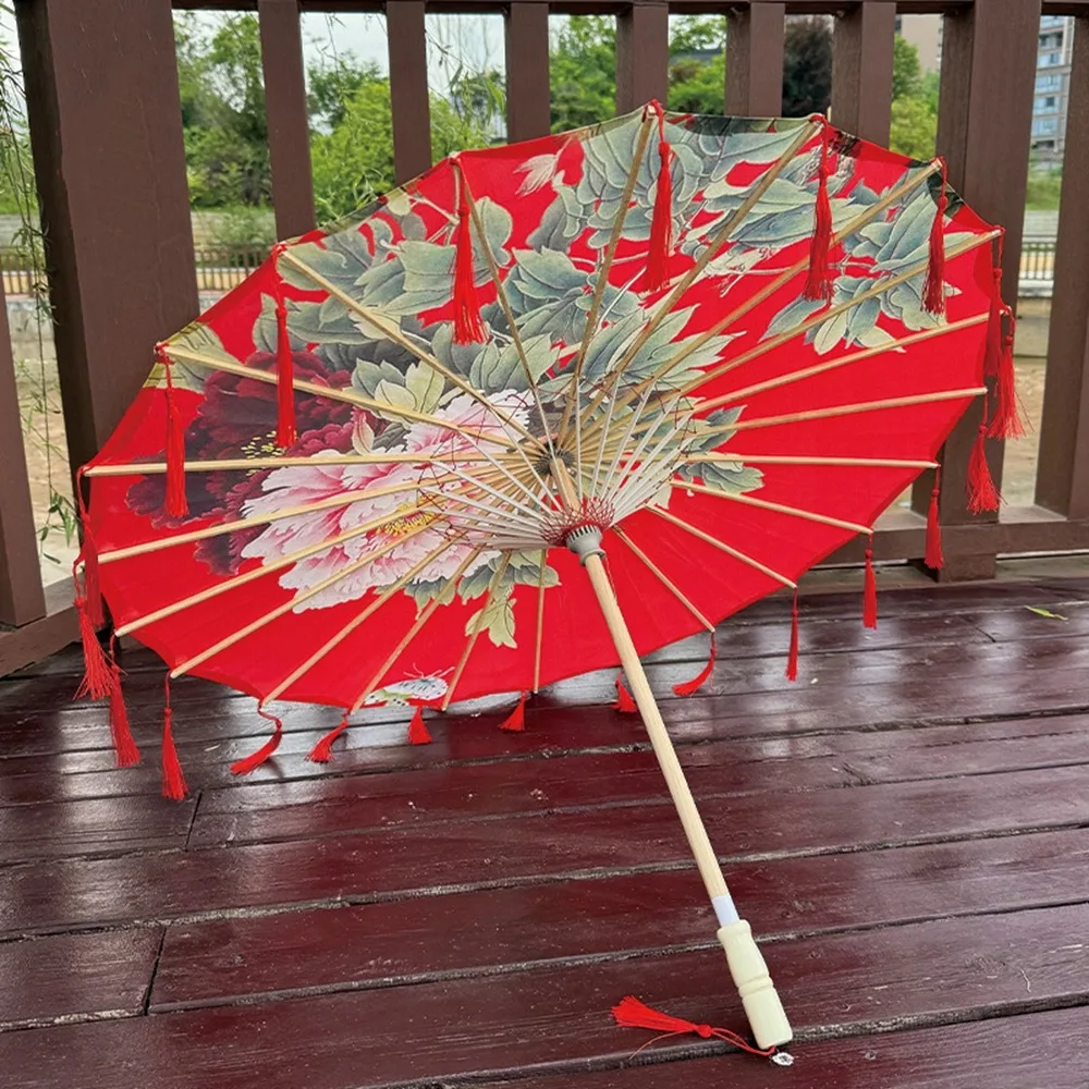 

70cm Silk Fabric Tassel Umbrella Handheld Rainproof Classical Oil Paper Umbrella Chinese Style Windproof Ancient Dance Umbrella
