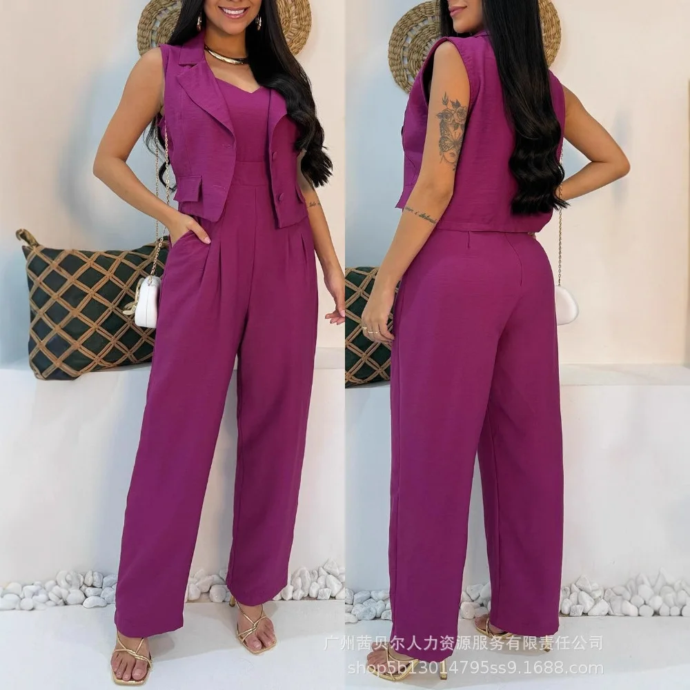 

Women Overall 2 Pieces Outfit Sleeveless Notched Collar Crop Vest and Casual Spaghetti Strap Wide Leg Jumpsuit