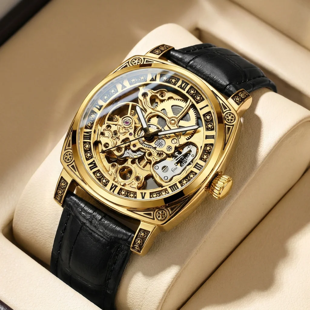 1 Stück Herrenuhr mit goldenem Zifferblatt, Lederarmband, Vintage-Mode, Skelettgetriebe, luxuriöse Details, mechanische Uhr für den täglichen Gebrauch, Business, Party, Urlaub