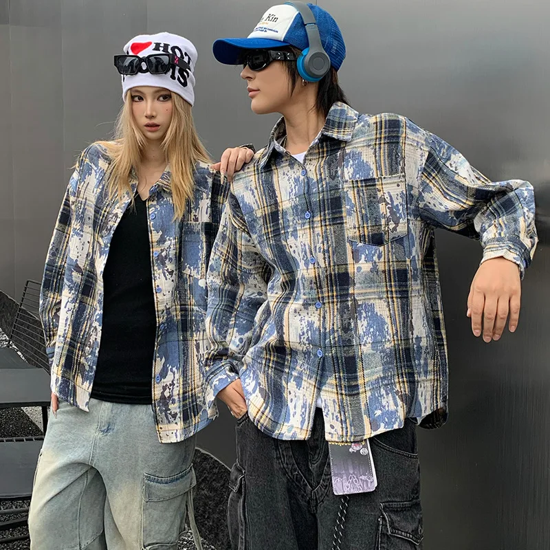 New Vintage Oversized Splatter Plaid Shirt Couple Matching Long Sleeve Button Down Streetwear Flannel Shirt for Men and Women