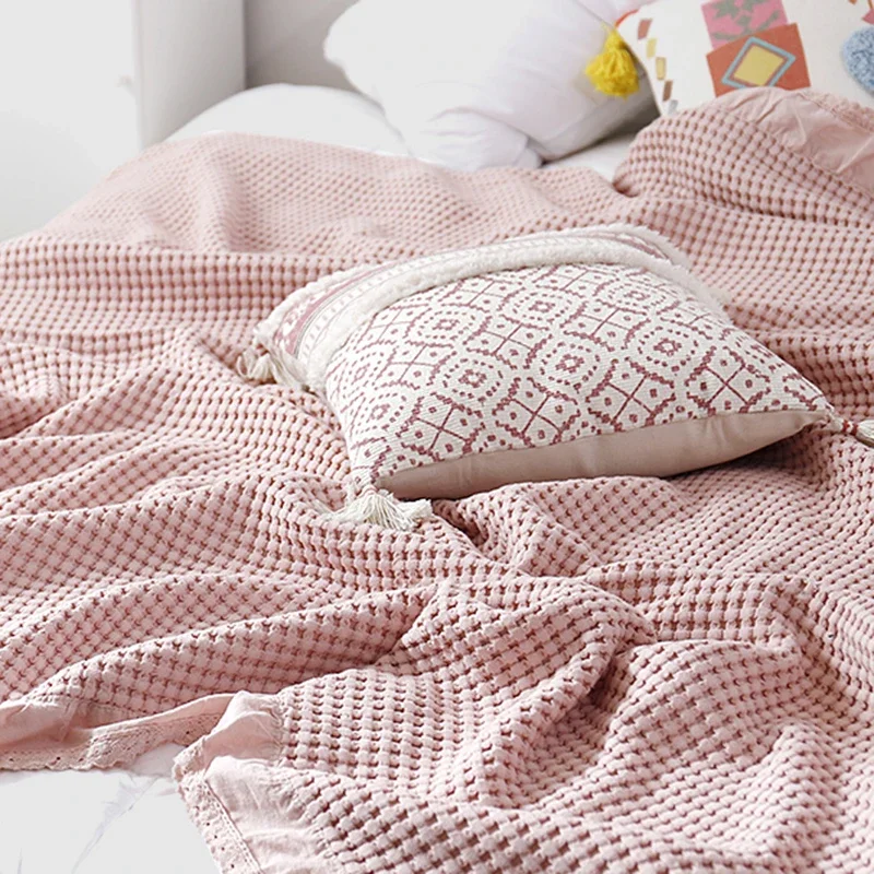 100% Cotton Soft Bed Plaid Home Japenese Knitted Blanket Corn Grain Waffle Embossed Summer Ruffles Warm Plaid Throw Bedspread