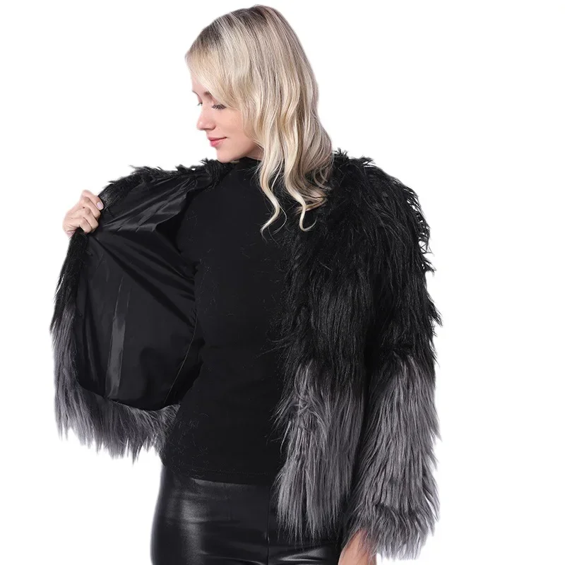 سيدة فرو المنك سترة أفخم عارضة الإناث فو الفراء سترة الشتاء النساء تقليد معطف الفرو التدرج جولة الرقبة قصيرة #3